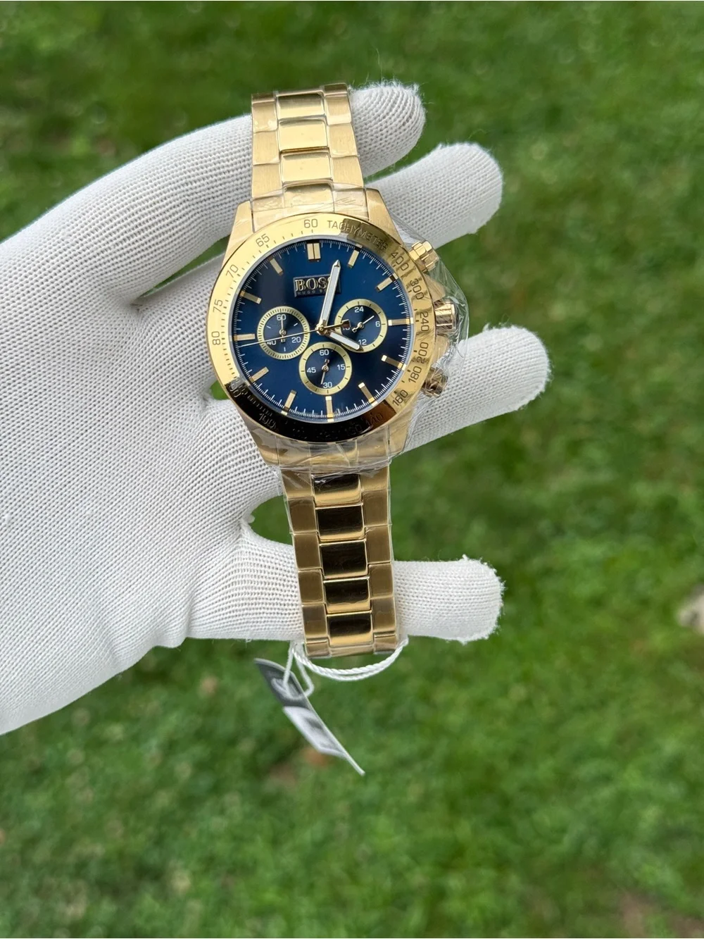 Hugo boss Gold-Tone Chronograph Watch with Blue Dial and Gold Bracelet Mens